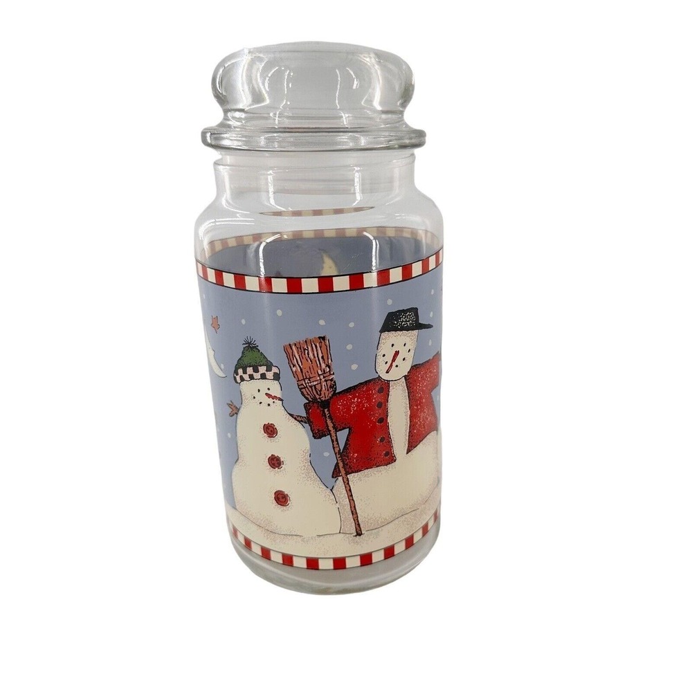 Vtg Snowman Sakura Debbie Mumm‎ 1998 Glass Cookie Canister Jar Country Farmhouse
